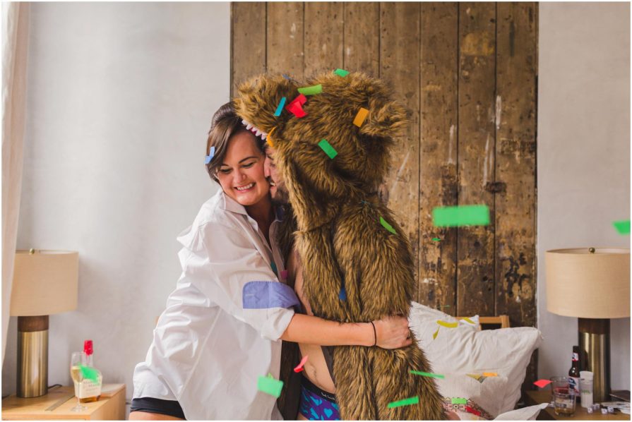 engagement, bear robe, confetti