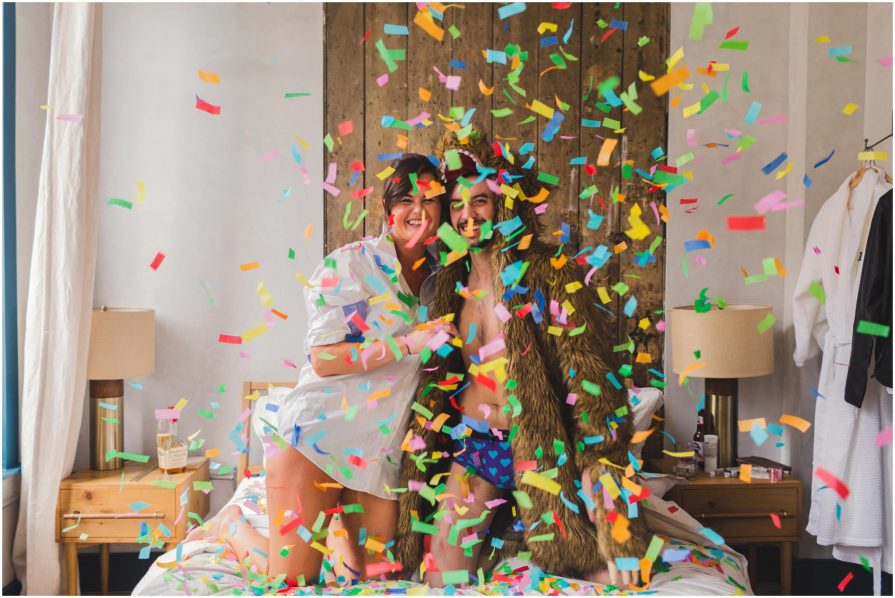 engagement, bear robe, confetti