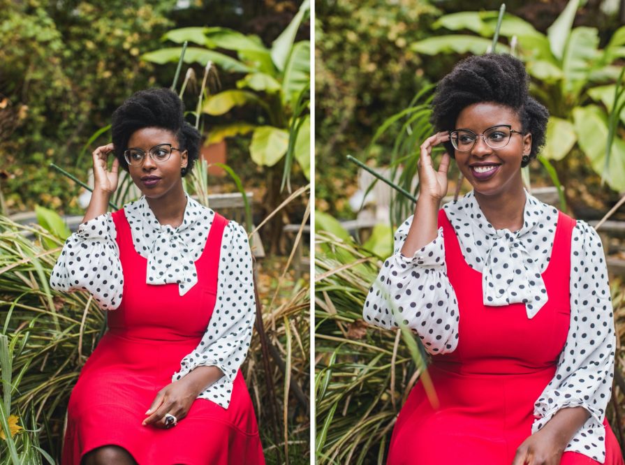 Philadelphia portrait photographer, branding session with Liz, a Black woman who wears a red dress with black and white polka dot blouse