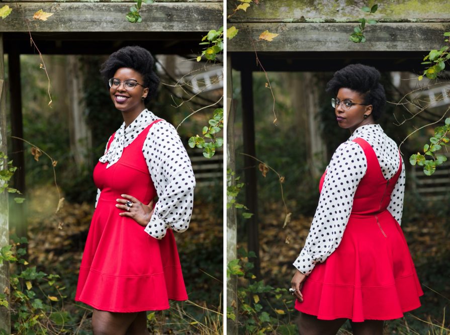 Philadelphia portrait photographer, branding session with Liz, a Black woman who wears a red dress with black and white polka dot blouse