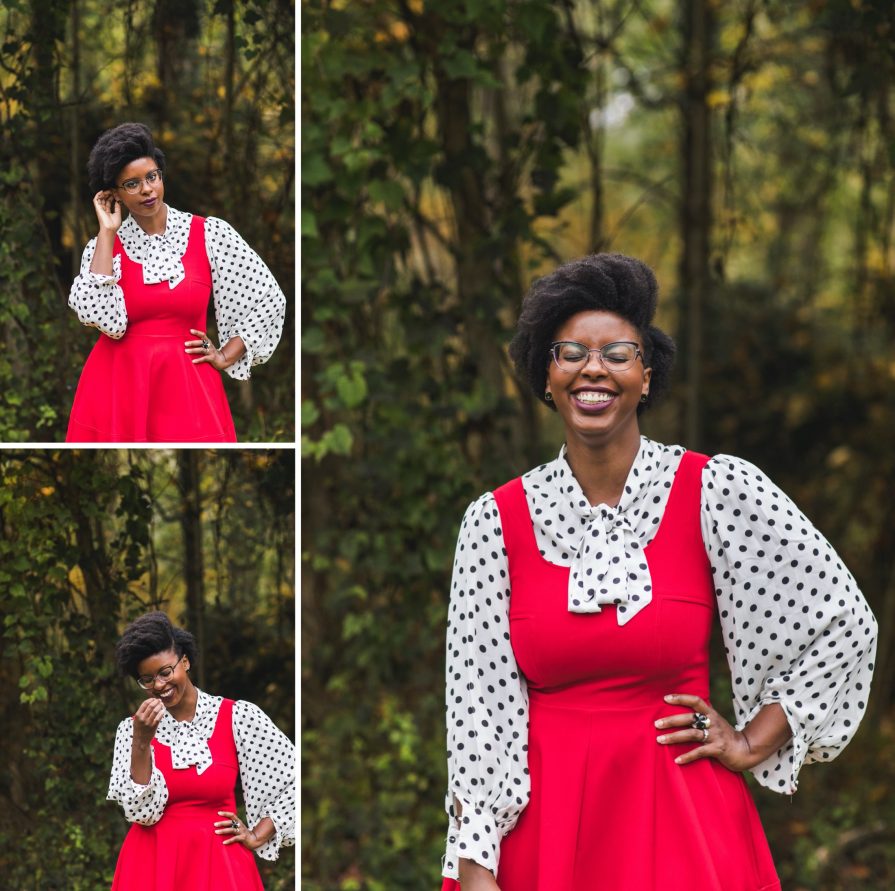 Philadelphia portrait photographer, branding session with Liz, a Black woman who wears a red dress with black and white polka dot blouse