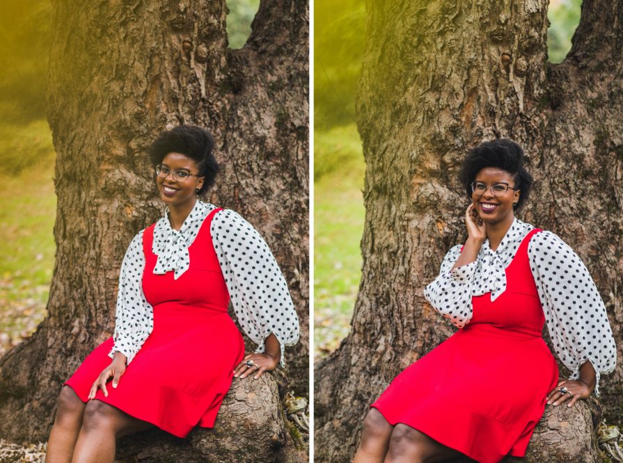 Philadelphia portrait photographer, branding session with Liz, a Black woman who wears a red dress with black and white polka dot blouse