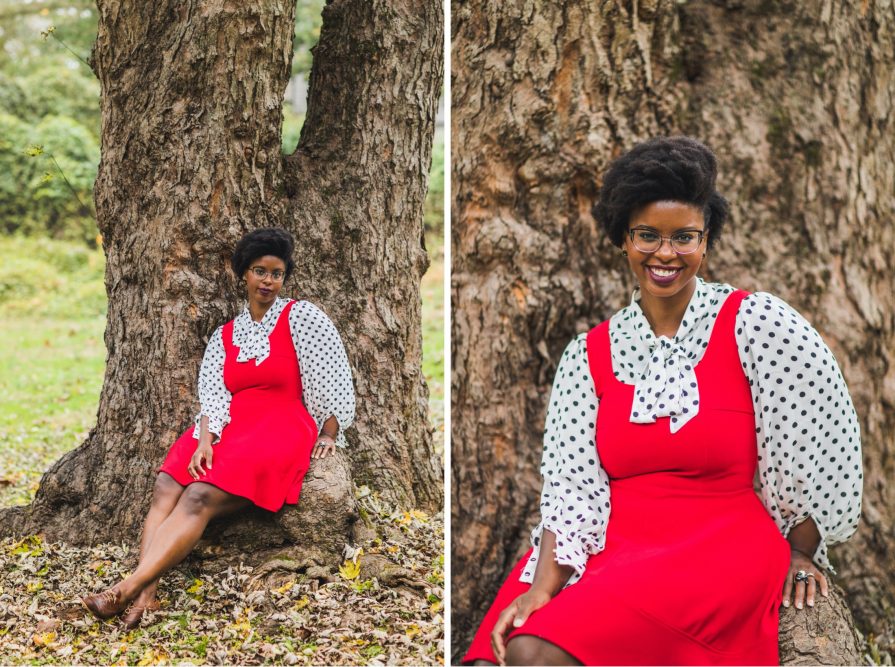Philadelphia portrait photographer, branding session with Liz, a Black woman who wears a red dress with black and white polka dot blouse