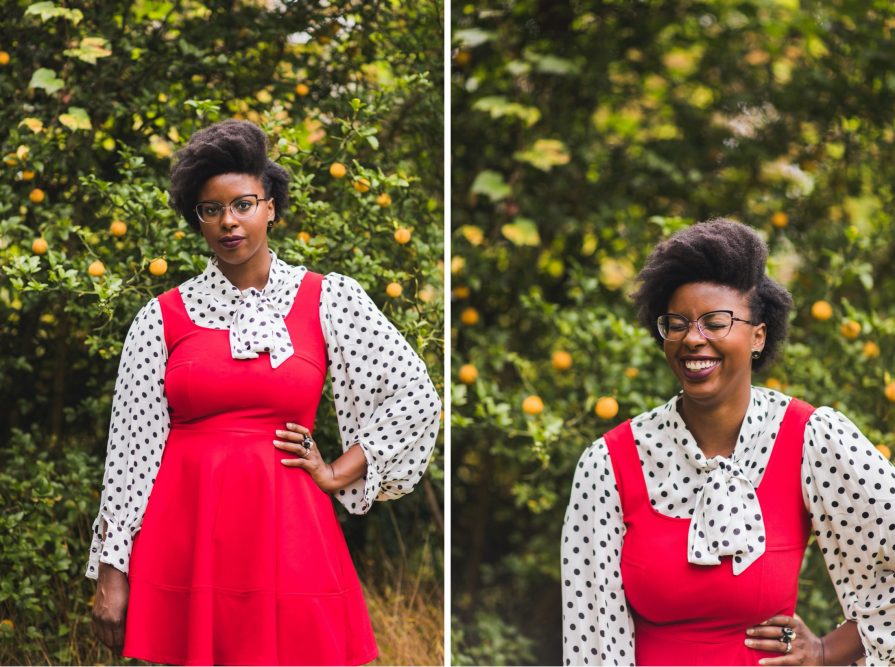 Philadelphia portrait photographer, branding session with Liz, a Black woman who wears a red dress with black and white polka dot blouse