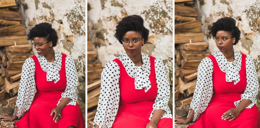 Philadelphia portrait photographer, branding session with Liz, a Black woman who wears a red dress with black and white polka dot blouse