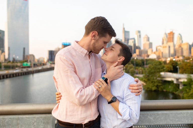 South Street Bridge, Philadelphia, engagement, sunset, LGBTQIA+