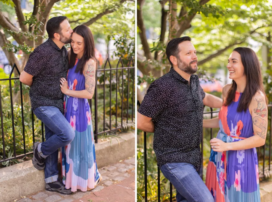 The couple stands in Fitler Square in Philadelphia.