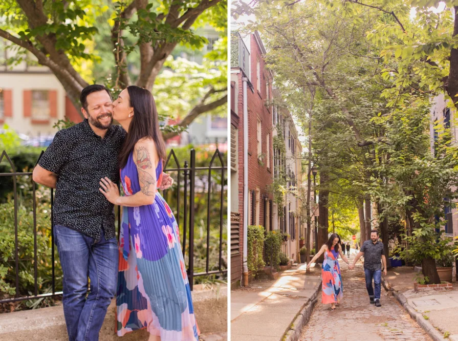 Engagement photos of a couple at Fitler Square in Philadelphia.