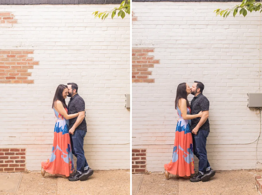Engagement photos of a couple at Fitler Square in Philadelphia.