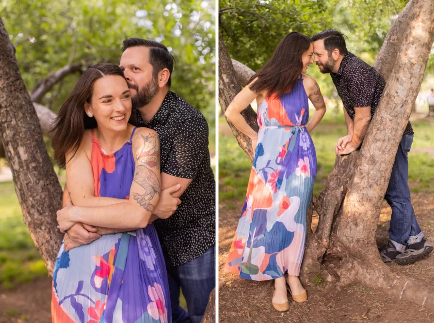 Engagement photos of a couple at Fitler Square in Philadelphia.