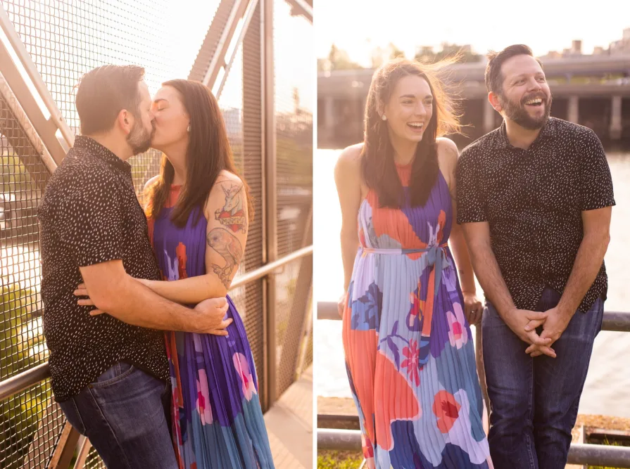 Two engaged folks on a bridge near Schuylkill River Park.