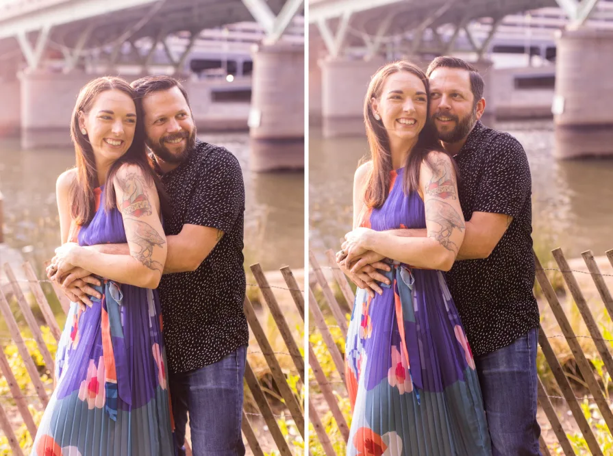 Two engaged folks smiling in Schuylkill River Park.