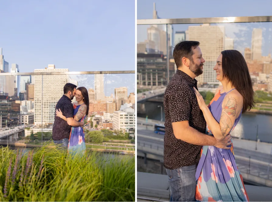 An engaged couple smiling and dancing in front of the Philadelphia skyline at Cira Green's rooftop .