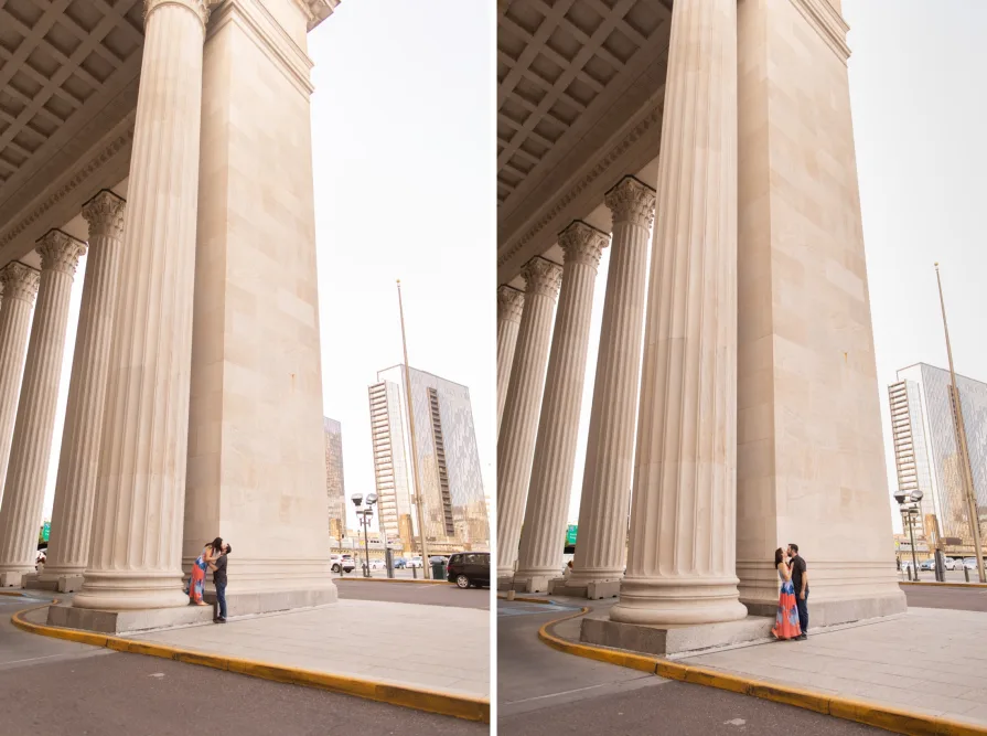 A wide photo of a couple outside of 30th Street Station.