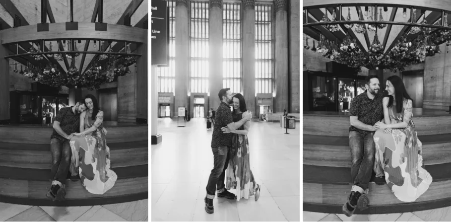 Black and white engagement photos inside 30th Street Station in Philadelphia.