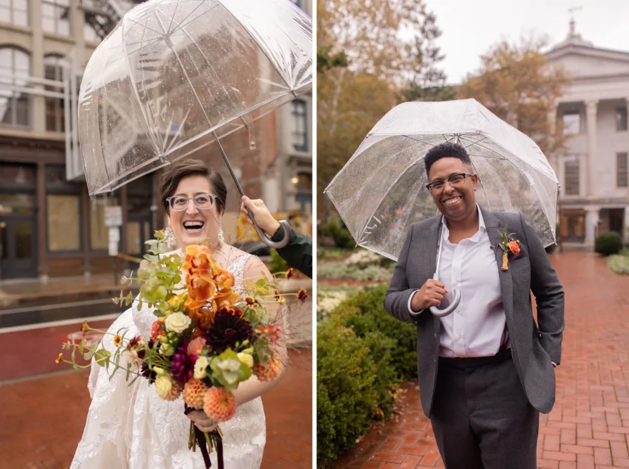 A queer, biracial couple in the rain for their Philadelphia first look.