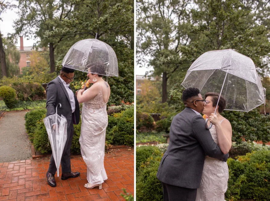 A queer, biracial couple in the rain for their first look in Philadelphia.
