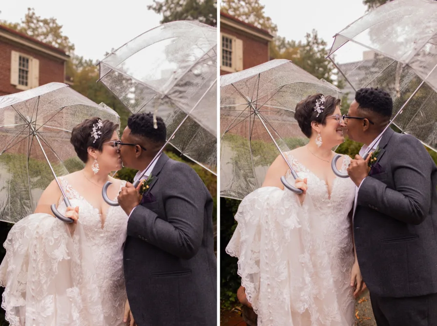 A queer, biracial couple in the rain for their first look in Philadelphia.