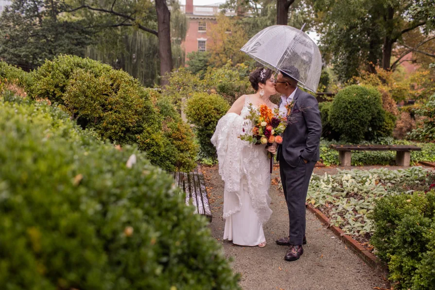 LGBTQIA+ couple photos in the Benjamin Rush Garden in Philadelphia.