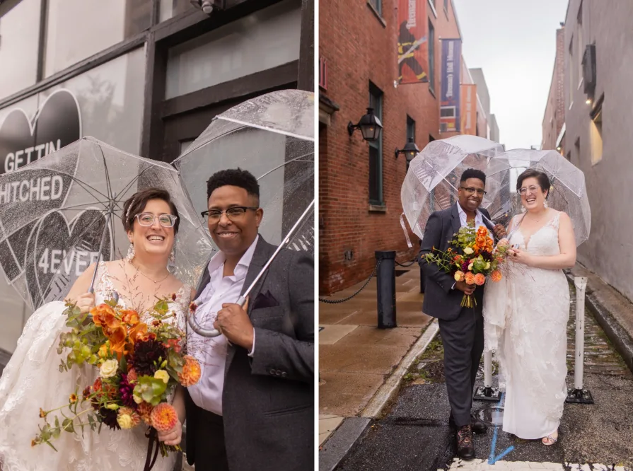 A queer, biracial couple in the rain on their wedding day in a Philadelphia alleyway.