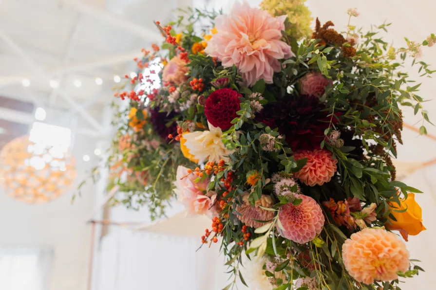 A flower installation on a chuppah at an indoor Philadelphia wedding venue.