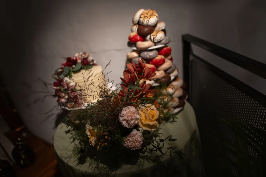 A wedding cake and Federal Donuts tower.