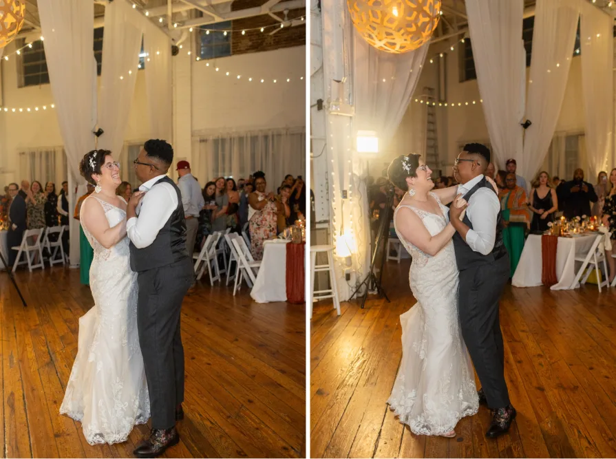 A queer, biracial couple during their first dance at an Old City wedding at Power Plant.