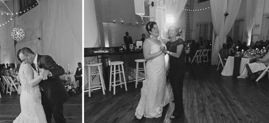 A queer, biracial couple during their parent dances at an Old City wedding at Power Plant.