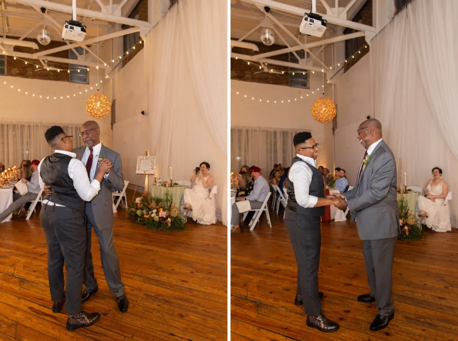 A queer, biracial couple during their parent dances at an Old City wedding at Power Plant.