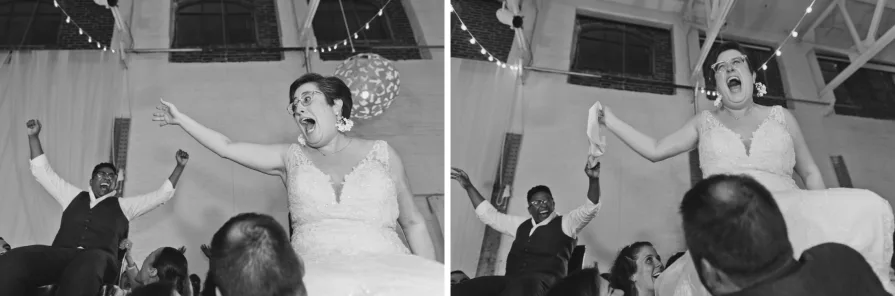 A queer, biracial couple during the Hora at an Old City wedding at Power Plant.