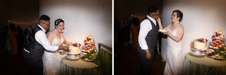 A silent cake cutting with a tower of Federal Donuts at a wedding reception.