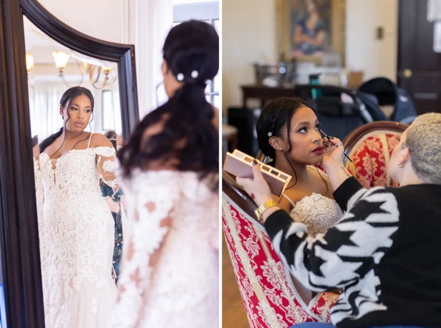 A marrier looking in the mirror at their gown and getting her makeup finished.