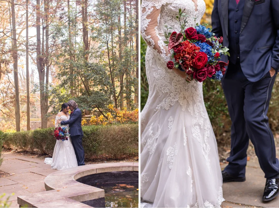 Wedding portraits near the fountain at Ridley Creek State Park.