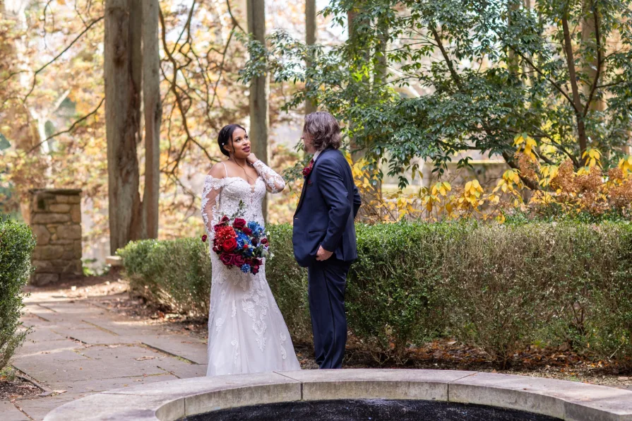 Wedding portraits near the fountain at Ridley Creek State Park.