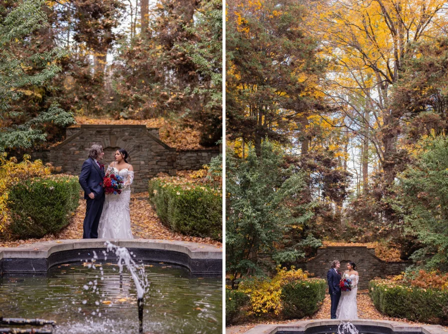 Wedding portraits near the fountain at Ridley Creek State Park.