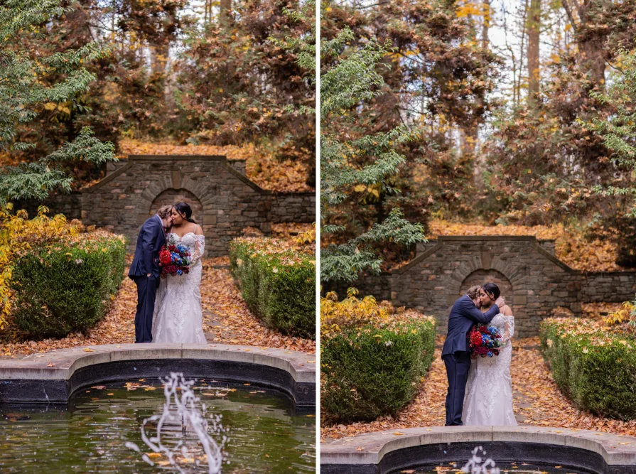 Wedding portraits near the fountain at Ridley Creek State Park.