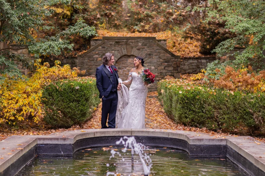 Wedding portraits near the fountain at Ridley Creek State Park.