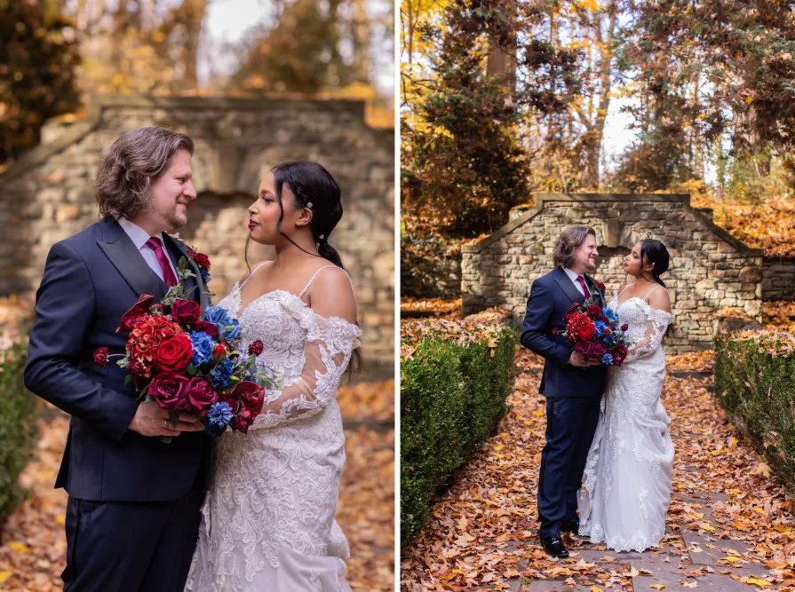 Wedding portraits near the fountain at Ridley Creek State Park.