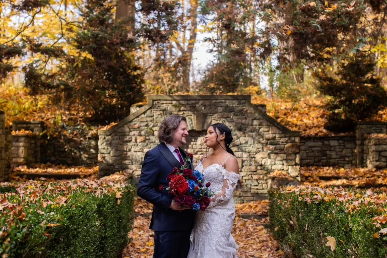 Wedding portraits near the fountain at Ridley Creek State Park.