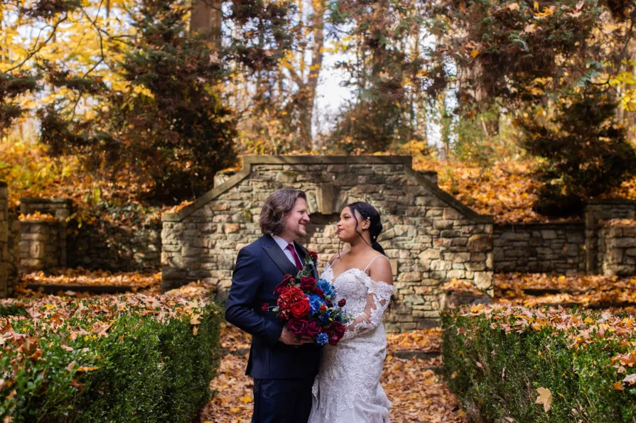 Wedding portraits near the fountain at Ridley Creek State Park.