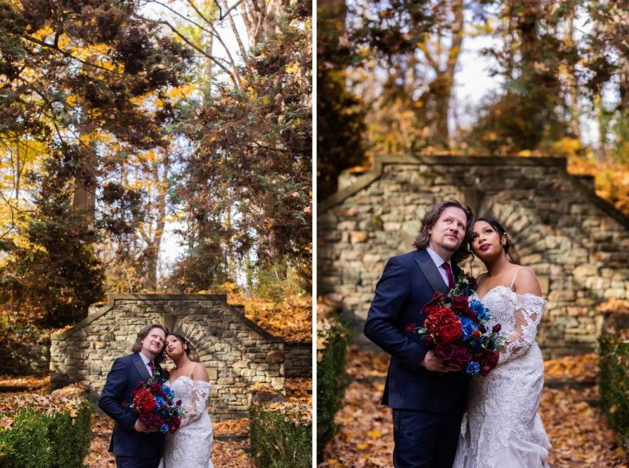 Wedding portraits near the fountain at Ridley Creek State Park.