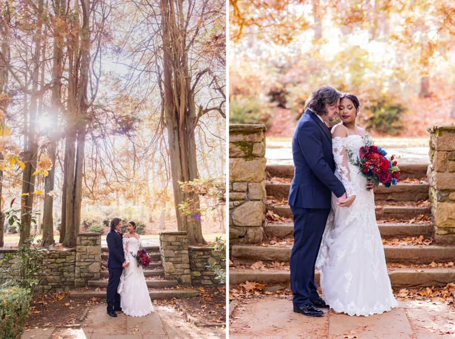 Wedding photos near the fountain at Ridley Creek State Park.