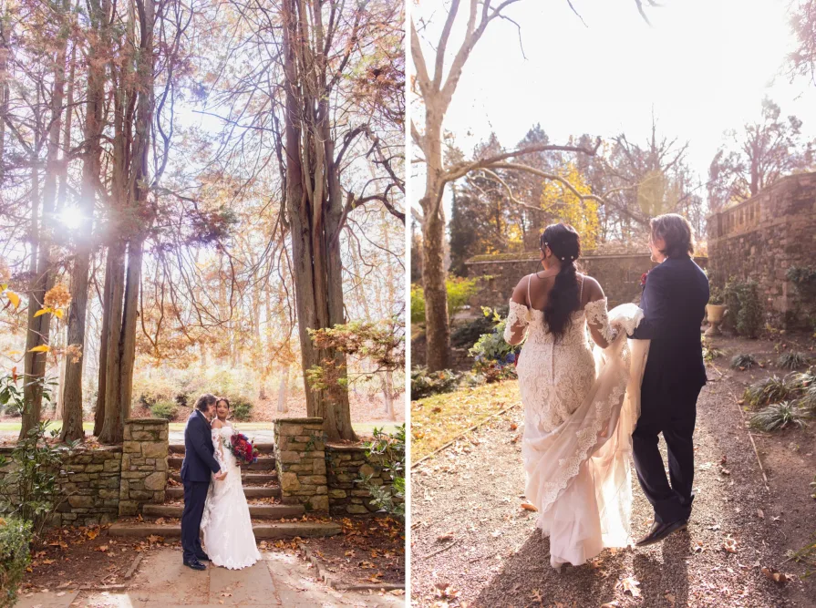 Wedding photos near the fountain at Ridley Creek State Park.