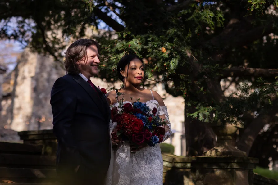 Wedding photos near the fountain at Ridley Creek State Park.