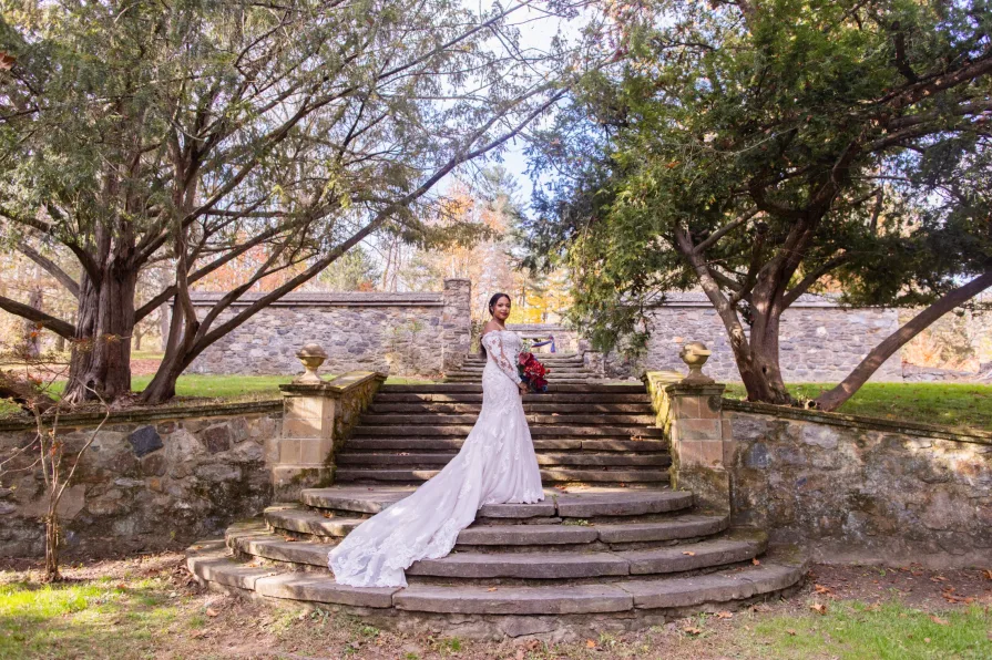 Wedding photos near the fountain at Ridley Creek State Park.