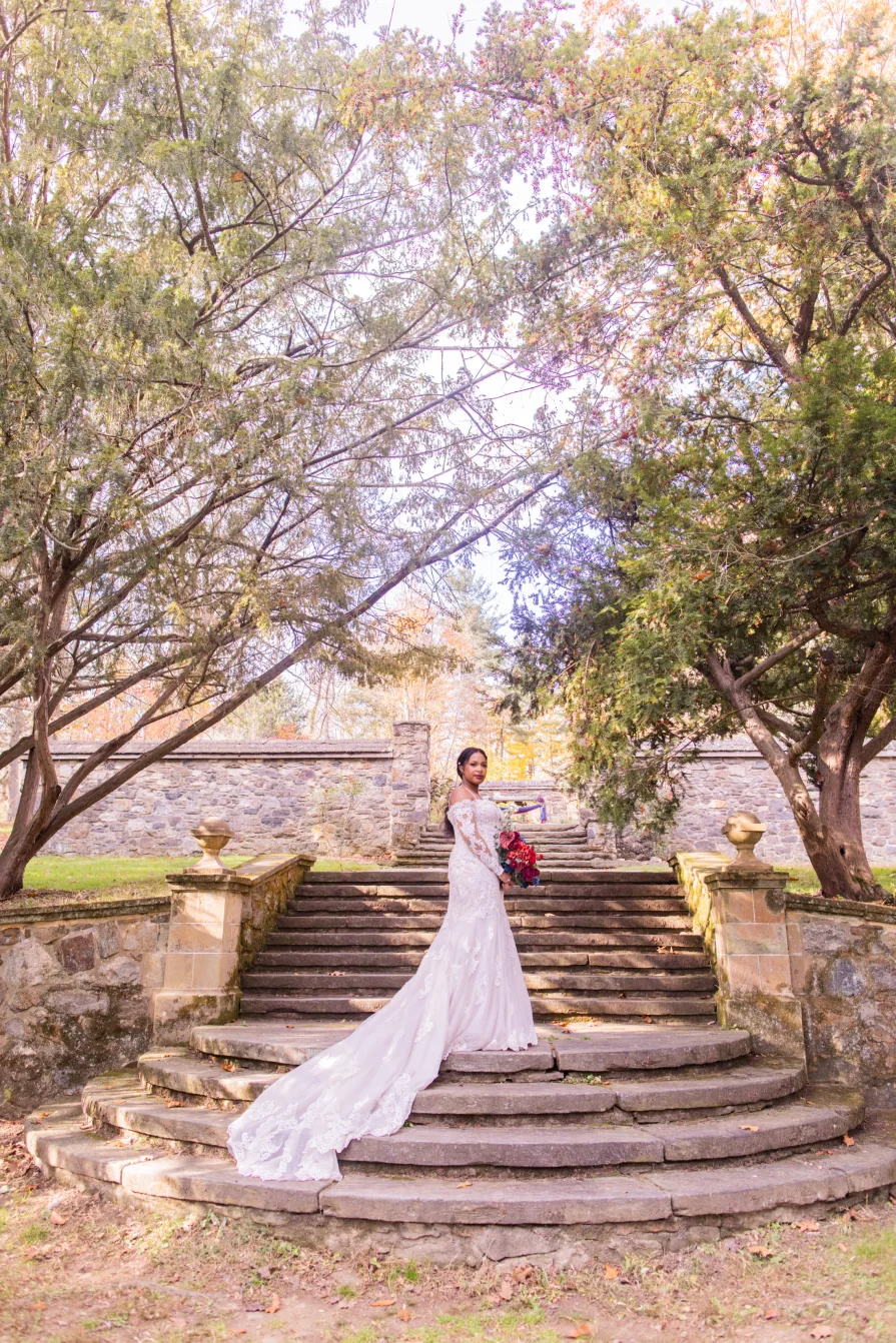 Wedding photos near the fountain at Ridley Creek State Park.