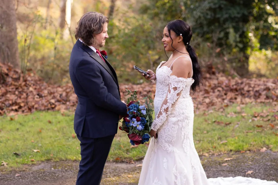 Private vows exchanged outside of Ridley Creek State Park's mansion.