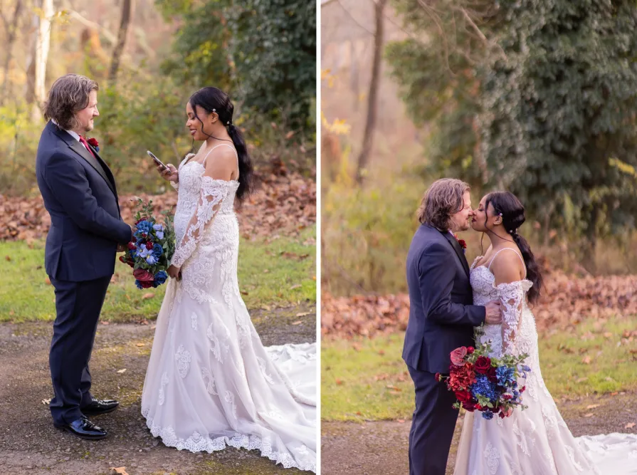 Private vows exchanged outside of Ridley Creek State Park's mansion.