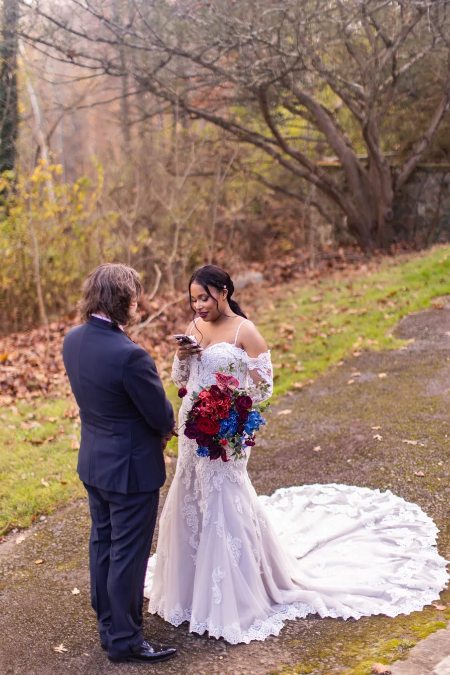 Private vows exchanged outside of Ridley Creek State Park's mansion.