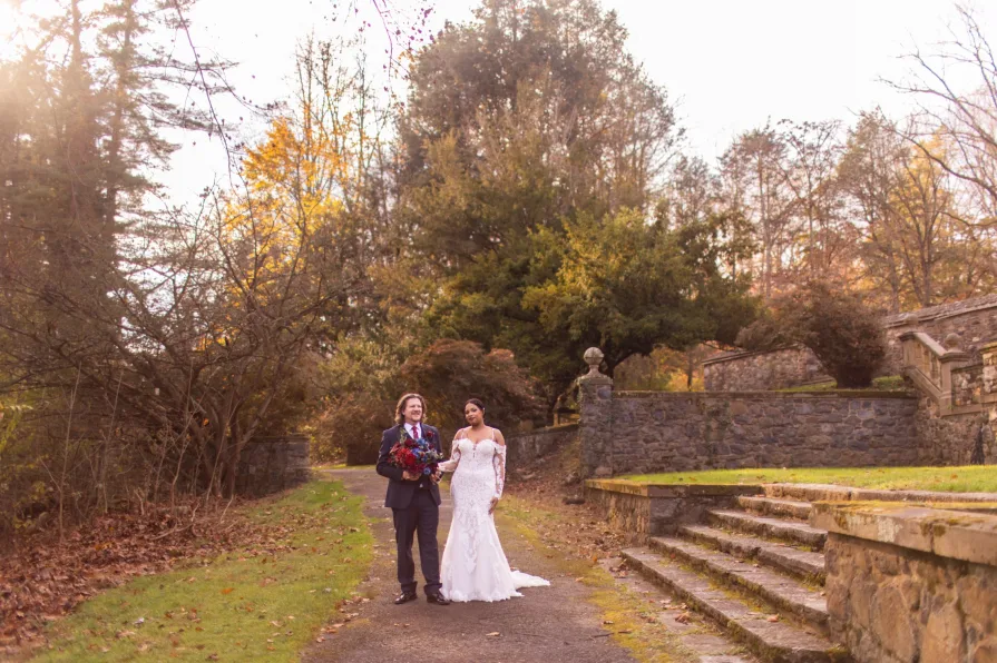 Wedding photos outside of Parque at Ridley Creek State Park.